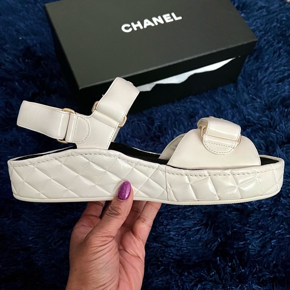 CHANEL Shoes - CHANEL Ivory Calfskin Runway Dad Wedge Sandals size 39